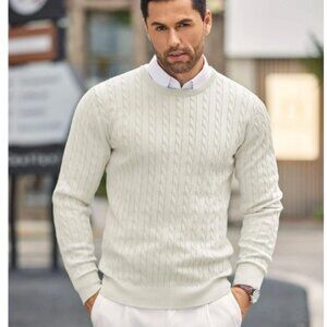 COOFANDY Mens White Crewneck Cable Knit Long Sleeve Sweater SZ S